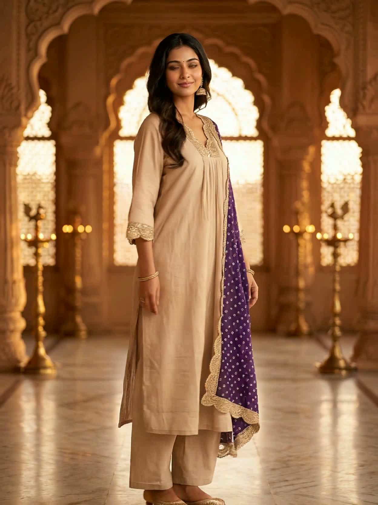 Beige Sequin Neck Suit