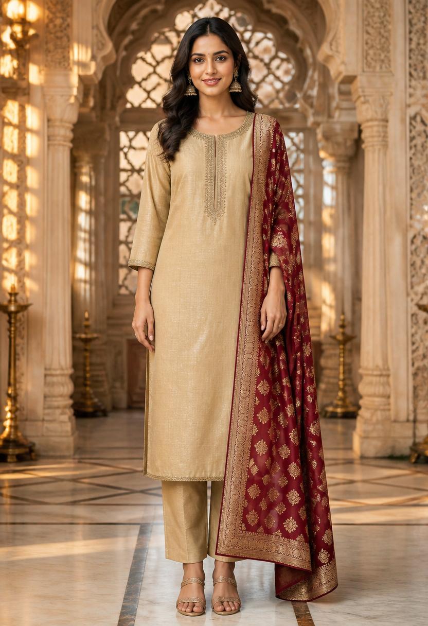 Beige Banarasi Dupatta Suit