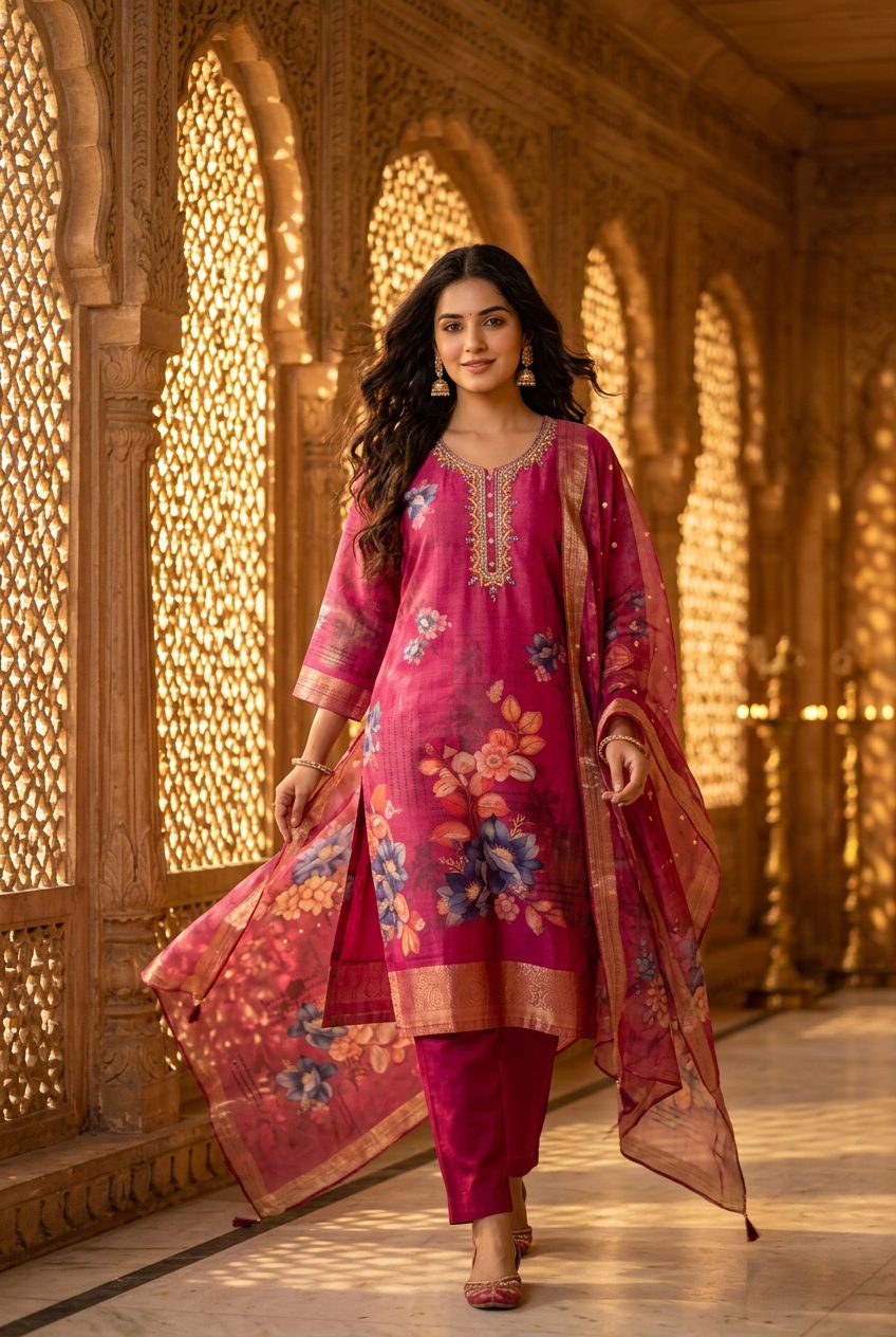 Fuchsia Chanderi Floral Suit