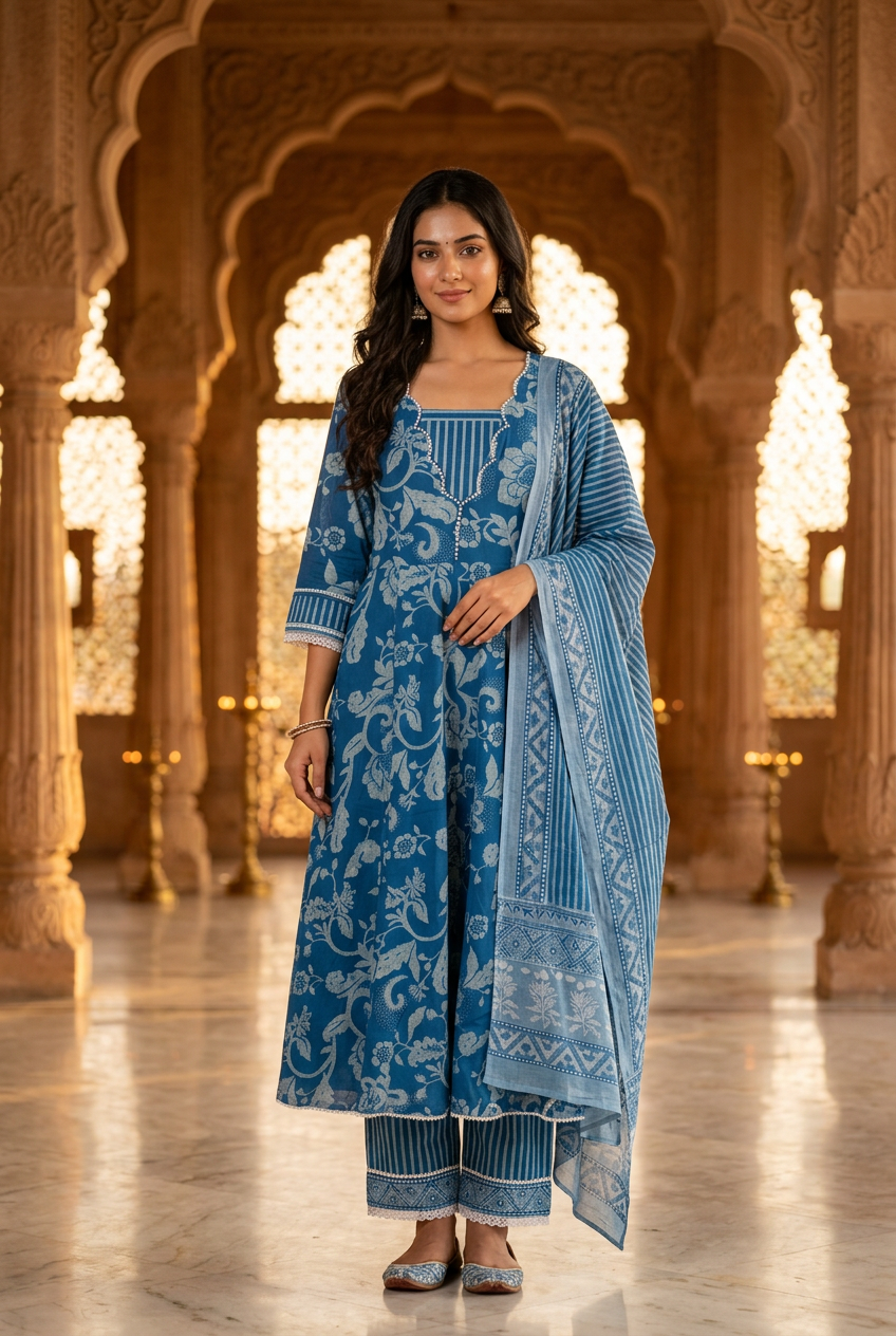 Indigo Floral Anarkali Suit