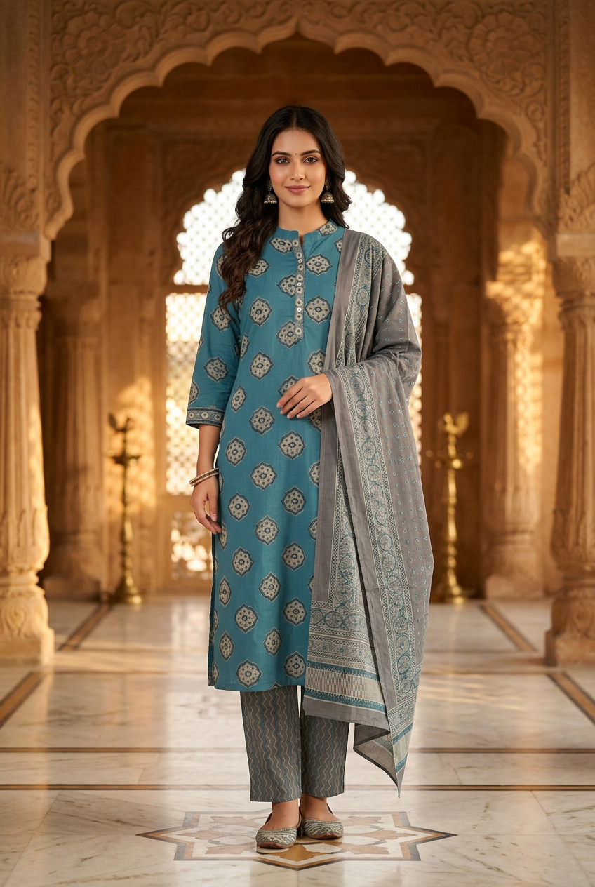 Teal Medallion Kurta Suit