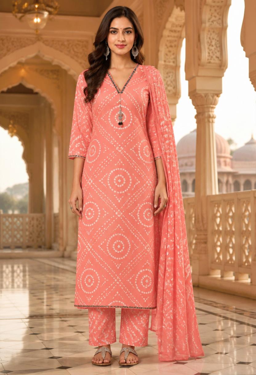 Peach Bandhani Kurta Suit