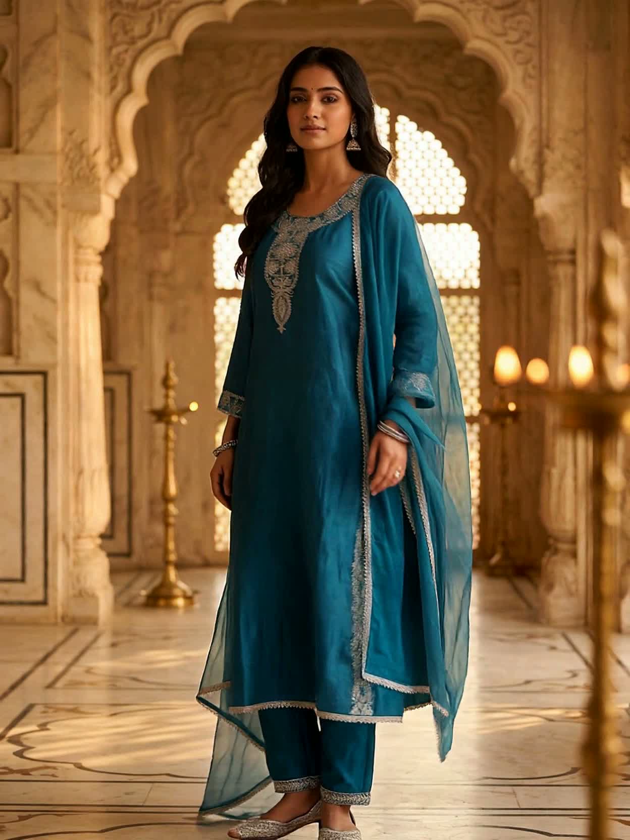 Teal Silk Embroidered Suit