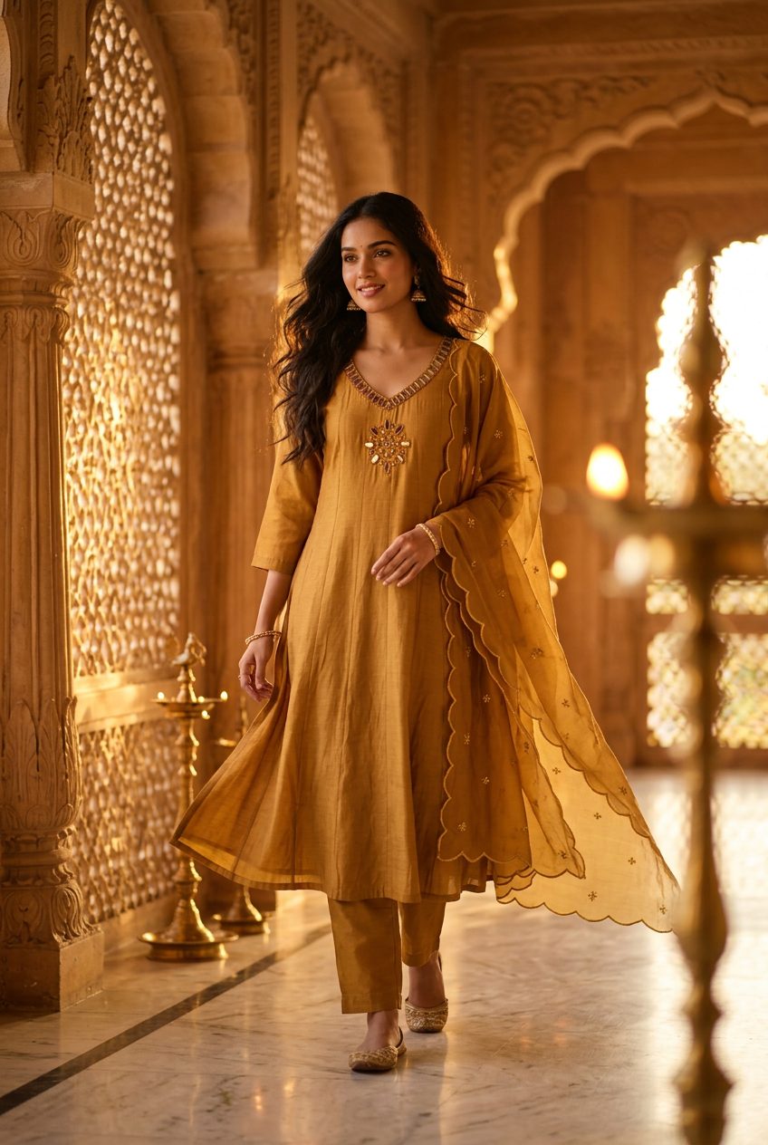 Mustard Gold Mirror-Work Suit
