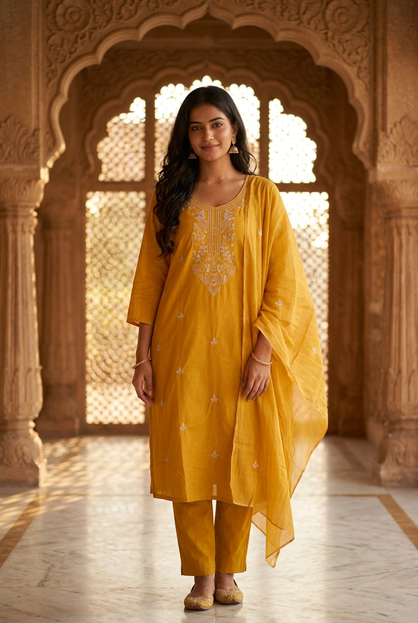 Mustard Embroidered Kurta Suit